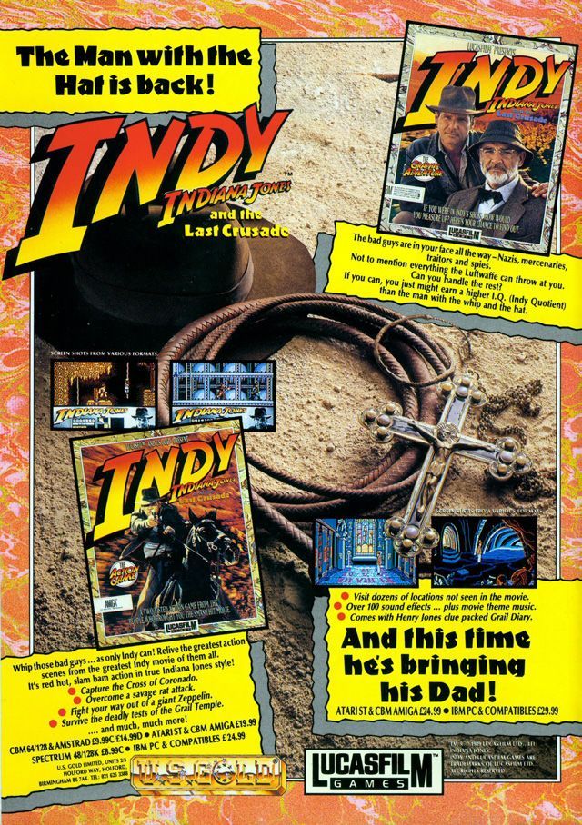 Scan of magazine advertising for Indiana Jones and the Last Crusade by Lucasfilm Games (Adventure) & U.S. Gold (Action) in the issue #3 of Amiga Format, in October 1989