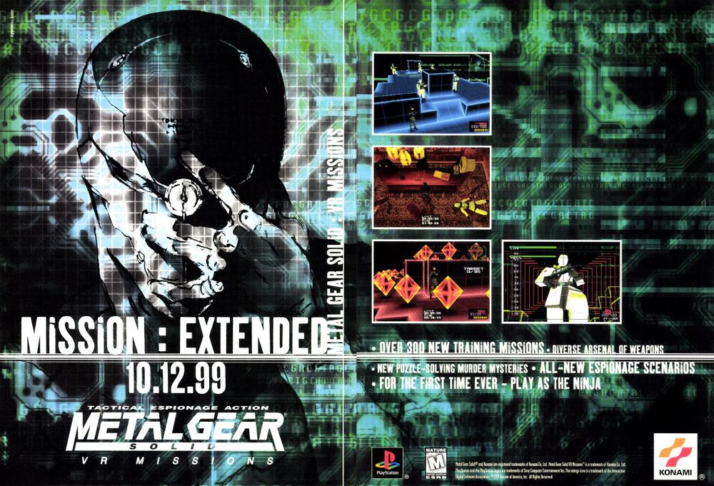 Scan of magazine advertising for Metal Gear Solid VR Missions by Konami in the issue #64 of Expert Gamer, in October 1999