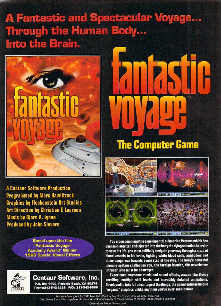 Scan of magazine advertising for Fantastic Voyage by Centaur Software in the issue #2 of Amiga World Volume 8, in February 1992