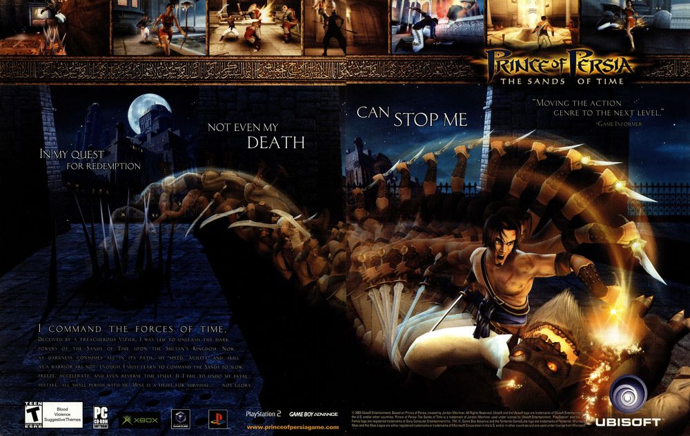 Scan of magazine advertising for Prince of Persia The Sands of Time by Ubisoft in the issue #11 of GMR, in December 2003