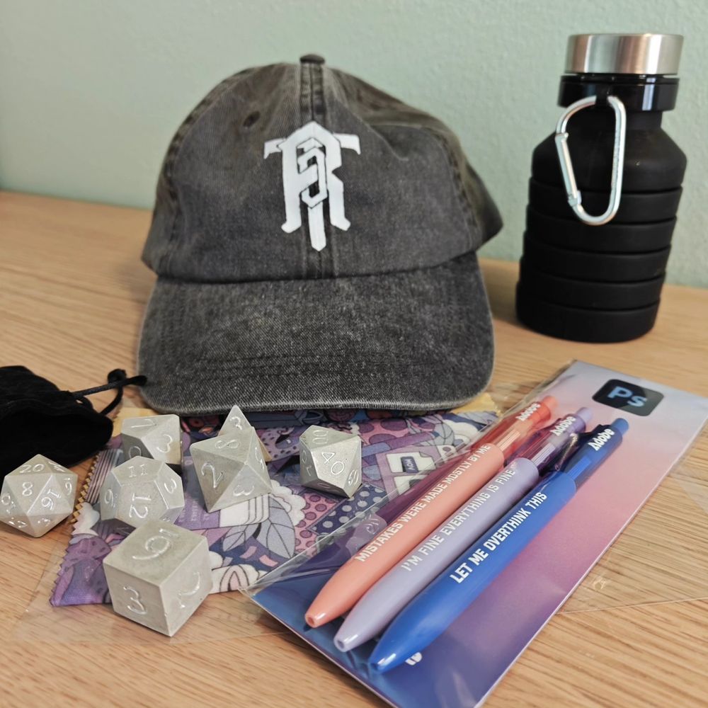 roll or troll hat, dice, Adobe Live pens, etc
