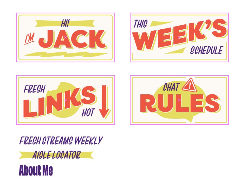 twitch panel art, about me, schedule, links, chat rules