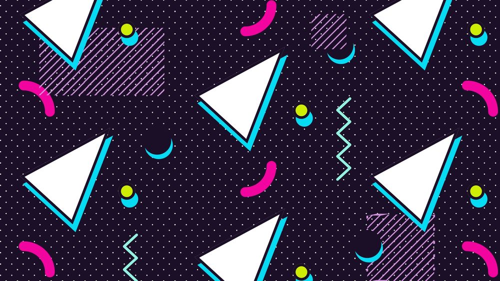 geometric repeating pattern with bright colors against a dark purple dot pattern background