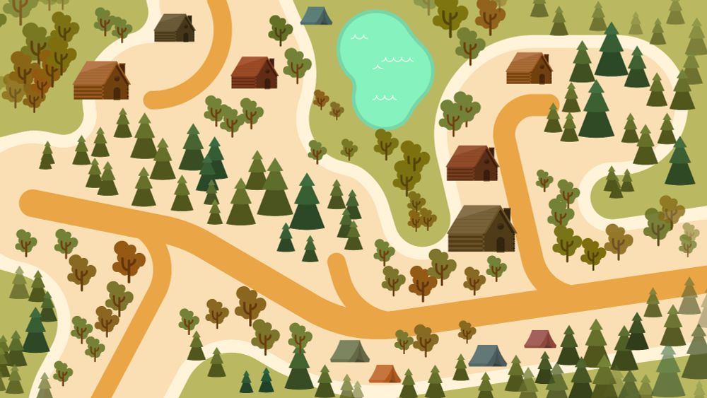 flat vector campsite map concept, fall colors