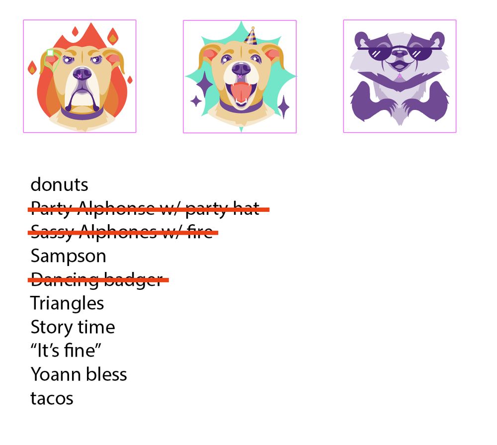 work in progres emotes, illustrated alphonse and a badger