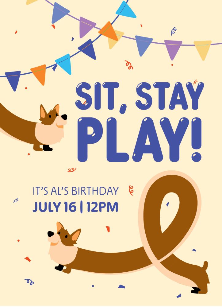 Birthday invitation "sit, stay, play! It's Al's Birthday, July 16, 12PM."