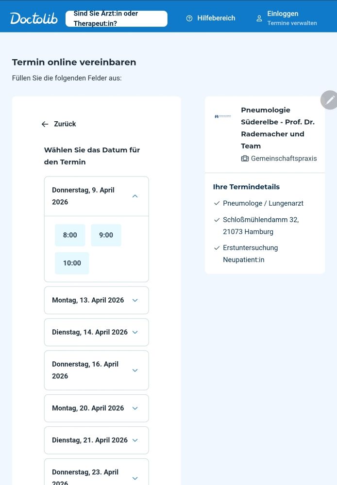 Screenshot Doctolib Frühester Termin auf der Homepage für Praxis Prof Rademacher & Team Allergologie, Lungenfacharzt 9.April ab 8:00 Uhr. 