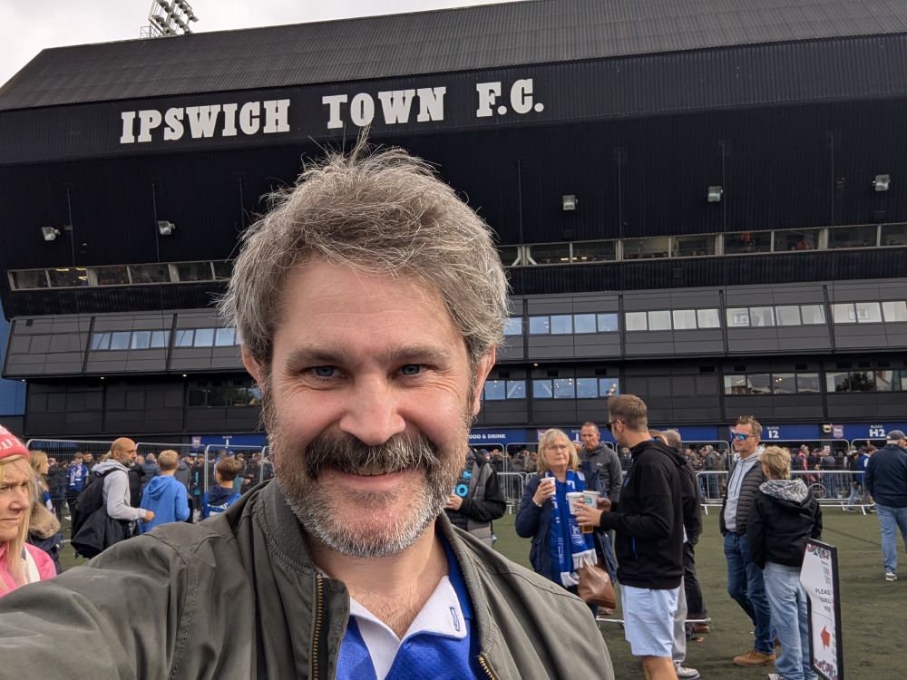 Selfie in front of the West Stand at Portman Road before the East Anglian Derby 