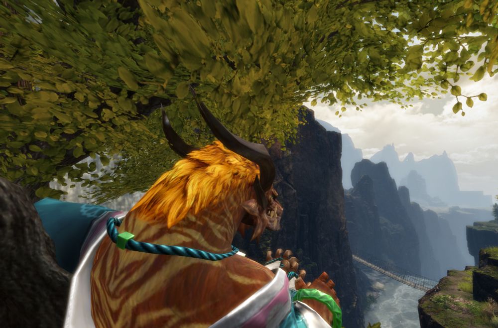 A charr with very distracting and tantalizing shoulders looking out over the land