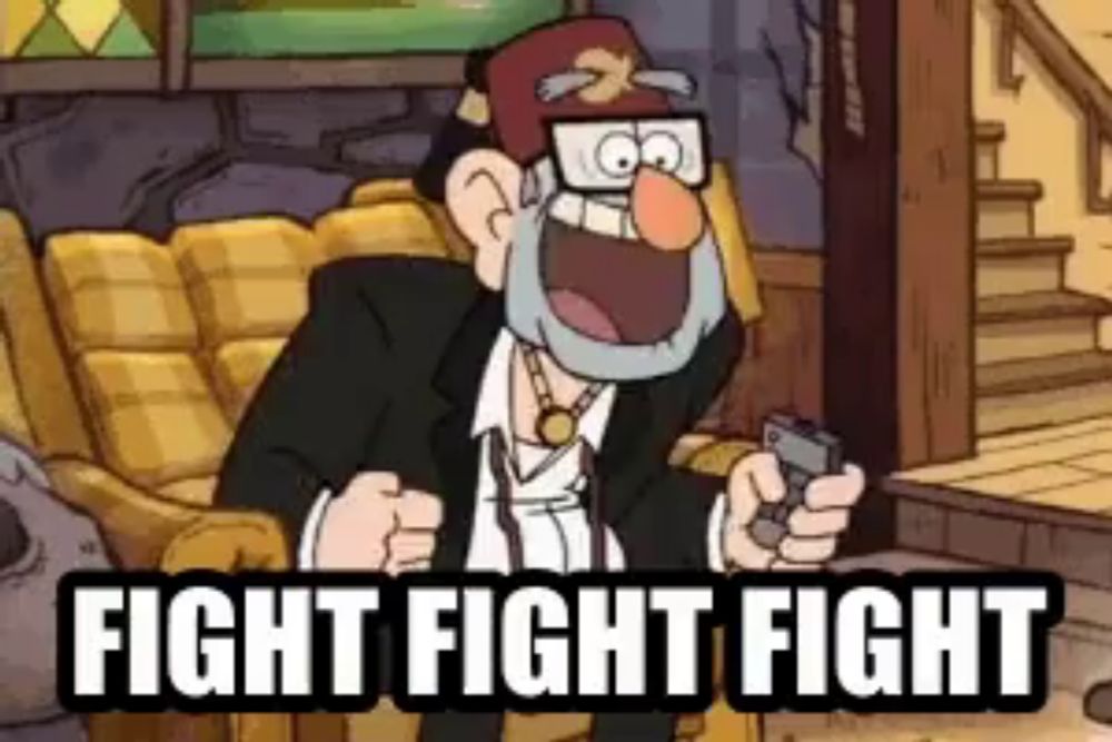 a cartoon character holding a gun with the words fight fight fight written below him