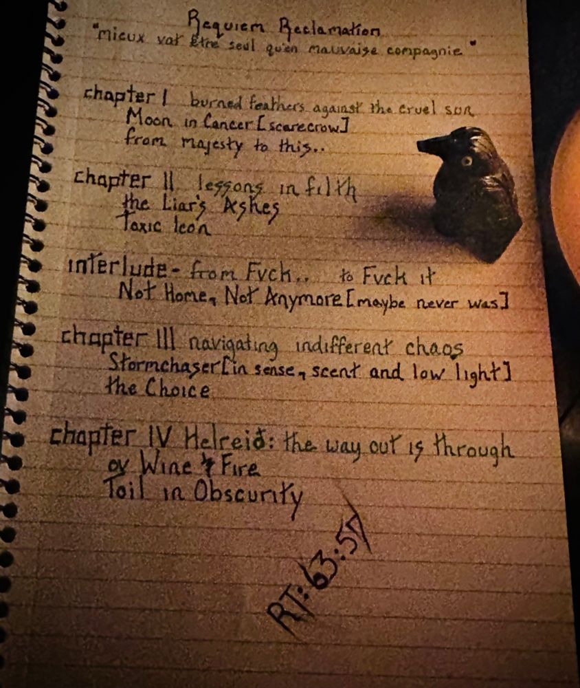an artful drop of the chapters and song titles of THIS.INFERNAL.MACHINE’s new album titled “Requiem Reclamation: Mieux vat être seul qu’en mauvaise compagnie”. Represented here by a hand written notebook containing the album name, subtitle and songs associated by chapter. Illuminated by candle light and accompanied by a black feathered friend.
The notebook reads as follows:

Chapter I - burned feathers against the cruel sun
  Moon in Cancer [scarecrow]
  from majesty to this..
Chapter II - lessons in filth
  the Liar’s Ashes
  Toxic Icon
Chapter III - navigating indifferent chaos
  Stormchaser [in sense, scent and low light]
  the Choice
Chapter IV - Helreið: the way out is through
  ov Wine & Fire
  Toil in Obscurity 

