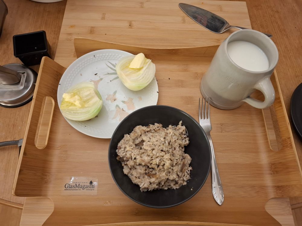 oat with the rest of the christmas turkey scraped off the bones, a tankard of milk and some microwaved onions for digetion, with some butter on top