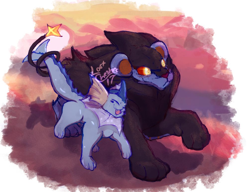 Amako (Vaporeon) & Raiju (Luxray) going on a romantic stroll! Midwalk, she nuzzles up to him, and his tail wraps around hers. The Luxray is too stunned to speak.

Pokemon Reloaded (fangame) gave me these sweeties. Overall, I didn't really like it, but my team made it worth something.