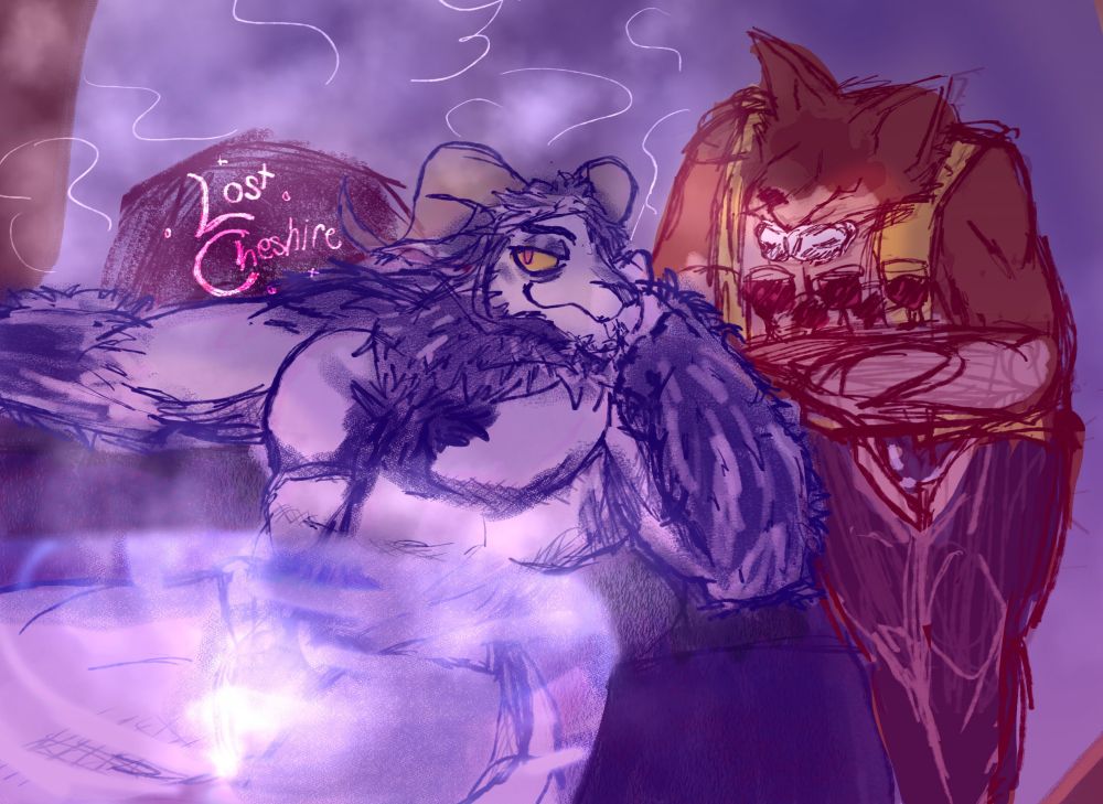 Overly rendered sketch of Nicholas Klaus bathing in a hot spa. This Krampus variant is white, with dark purple fur accenting his hair, chest, and arms. 
Near him is a wolf butler serving him wine. He wears a white bow, yellow vest, and those cowboy trousers cut at the crotch. I think it's latex.
