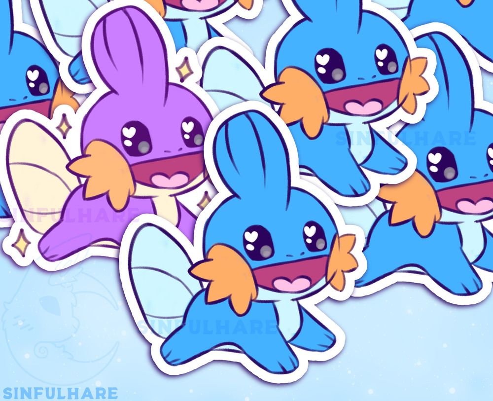 a bunch of drawings of Mudkip that look like stickers placed on top of one another. One Mudkip is shiny with some sparkles around it.