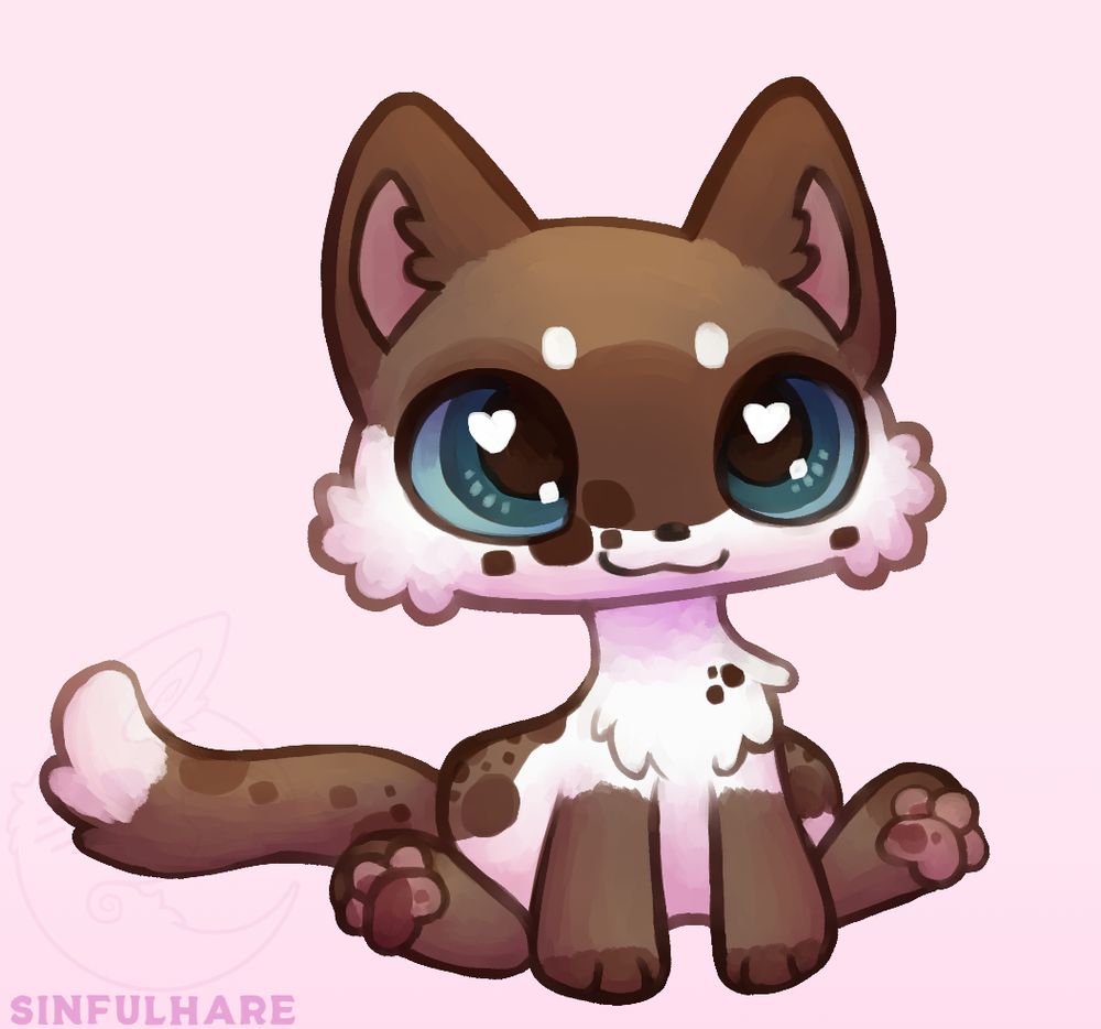 Digital illustration of a white and brown cat painted with the proportions of a Littlest Pet Shop toy. She has big blue eyes with hearts in them.