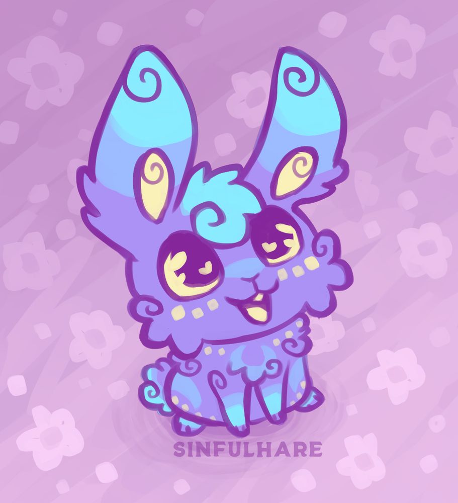 Chibi drawing of a purple bunny looking up at the viewer, smiling.