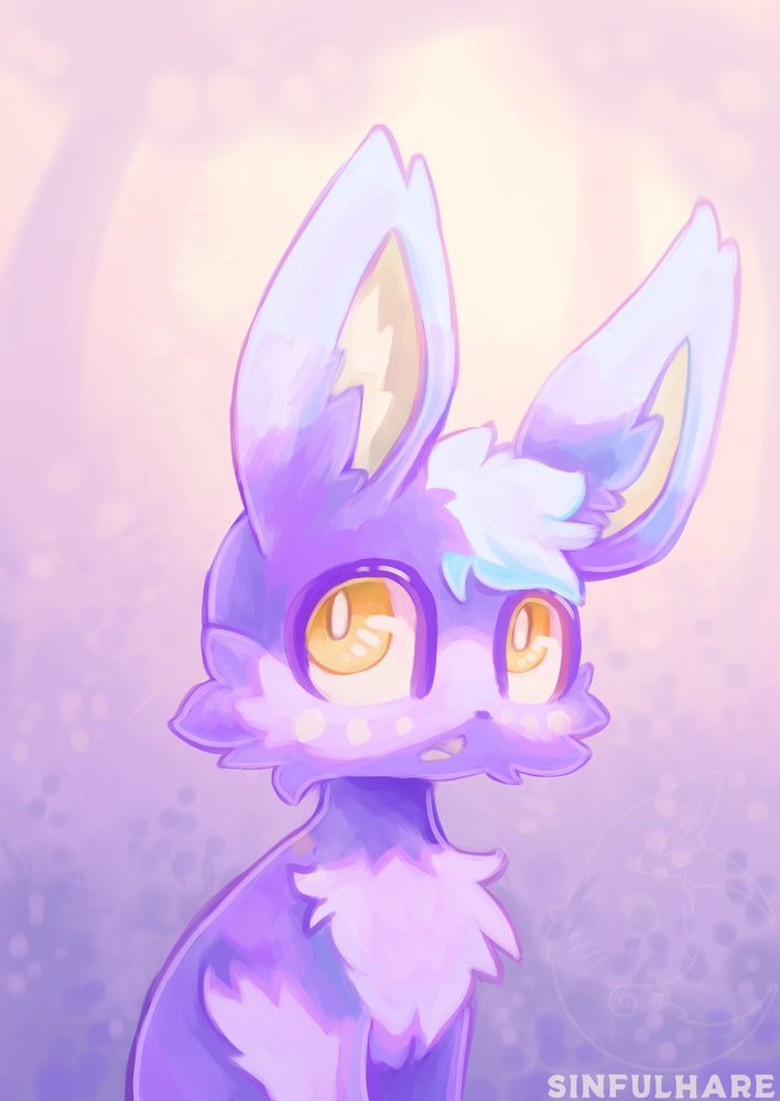 Illustration of a purple bunny looking up surprised. They are in a field of purple plants with a few trees in the background.