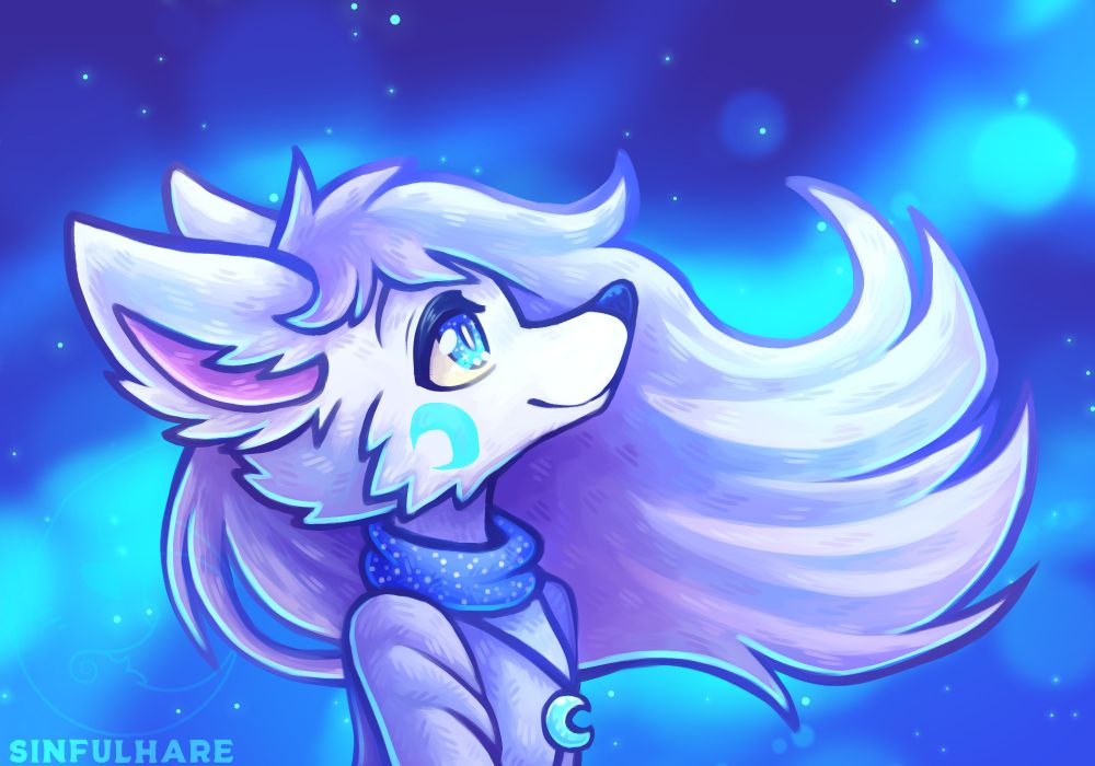 Digital drawing of an anthro fox with long purple hair flowing in the wind. They are looking up at space with a calm look.