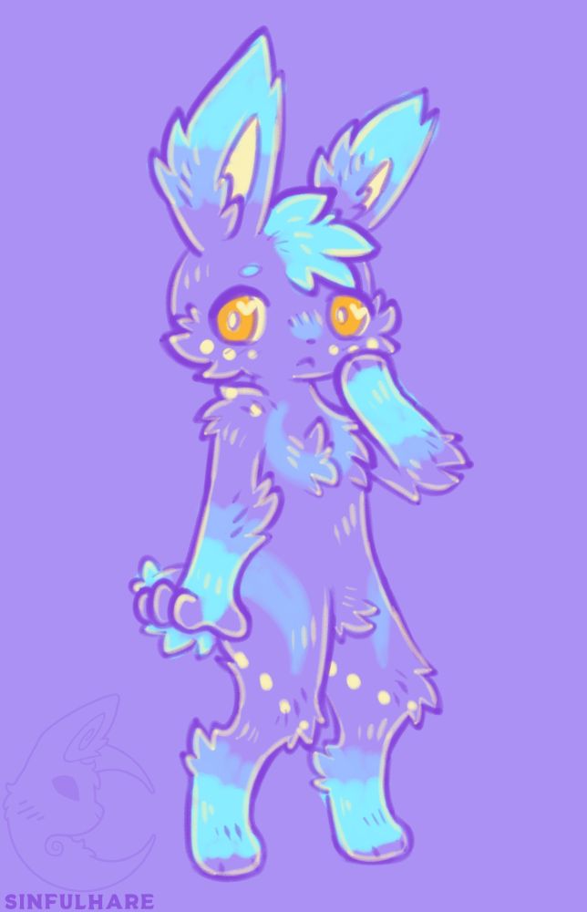 Digital drawing of an anthro purple hare looking slightly concerned with one paw at their cheek.