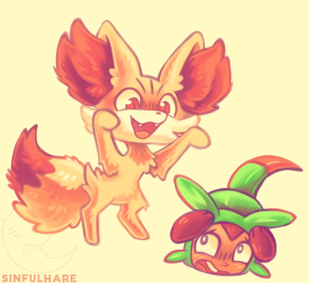 Illustration of a Fennekin standing on its hind paws, scaring a Chespin that is on the floor, covering its head in fear