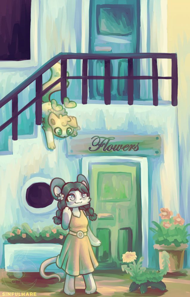 Digital painting of a building with a flower shop on the bottom floor. There is an anthro mouse looking at the entrance happily. On top of stairs leading to the second floor is a cat that's leaning out to try and grab the flower in the mouse's hair. Next to the mouse is a dandelion dog-like creature.