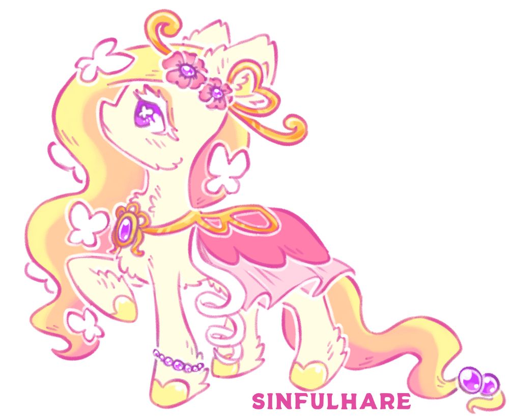 A light yellow pony with a yellow, orange, and pink swirly mane that has white butterflies on it. They are wearing a pink dress with gold and purple jewelry