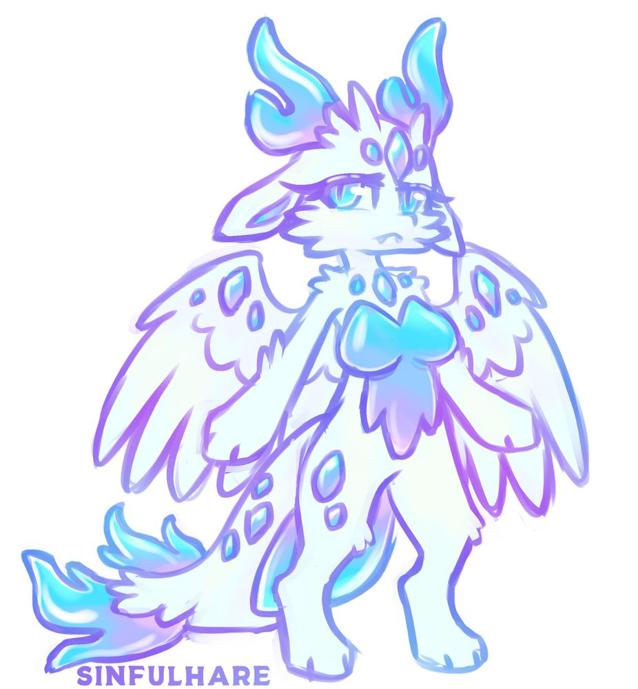 Drawing of a white anthro dragon with big feathered wings. They have shiny blue gems and fins on their body