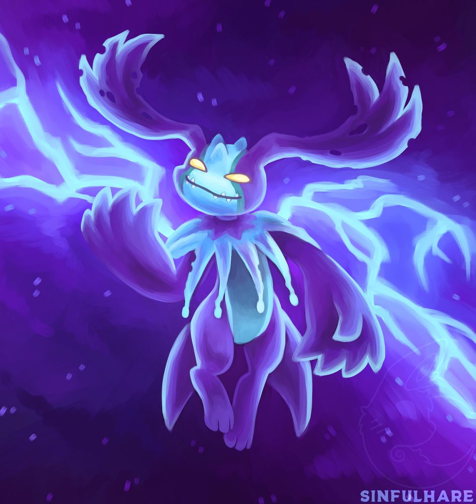 Illustration of Cherubimon Vice from Digimon. They are floating in the air with a lightning bolt behind them.