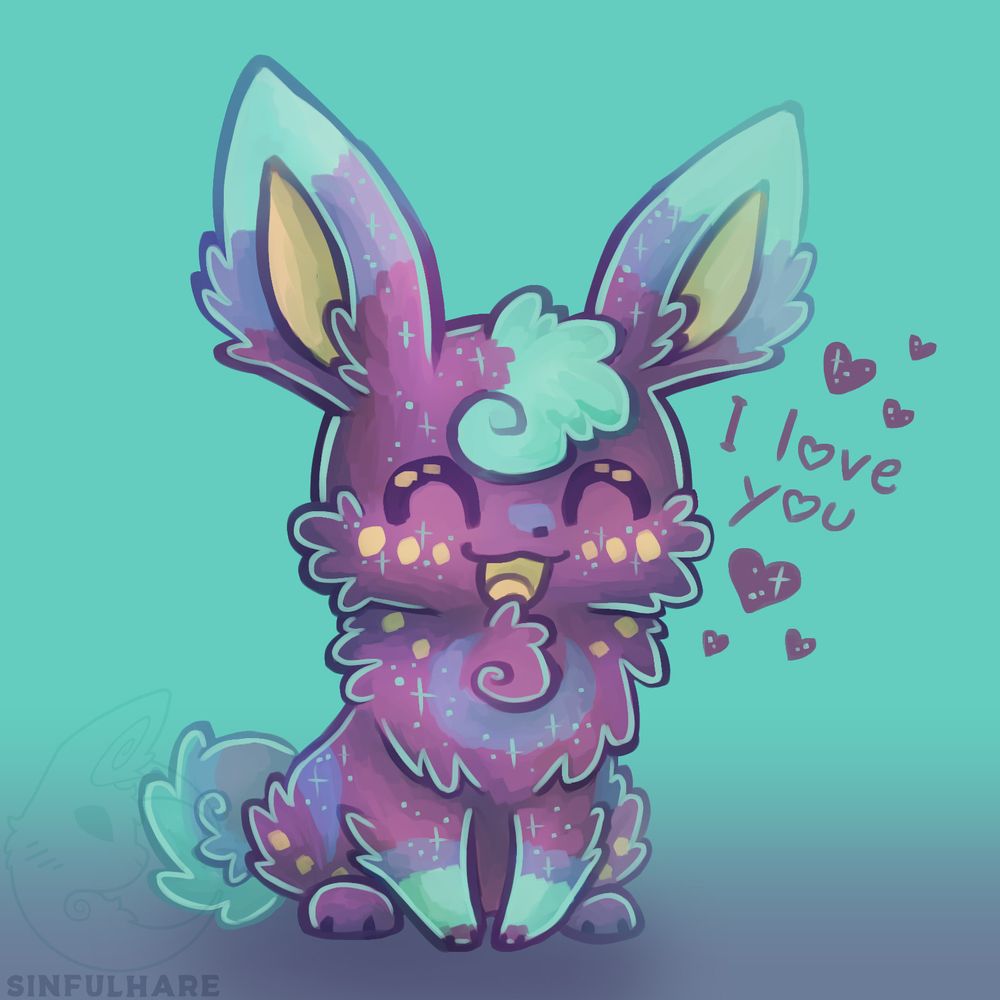 Digital drawing of a chibi purple and blue bunny smiling happily, saying "I love you" with hearts around them.