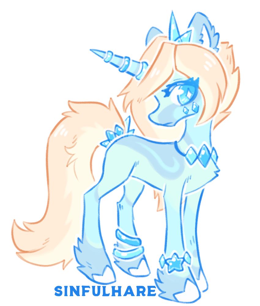 A cyan unicorn with light blue crystals on their body. They have a light creamy mane