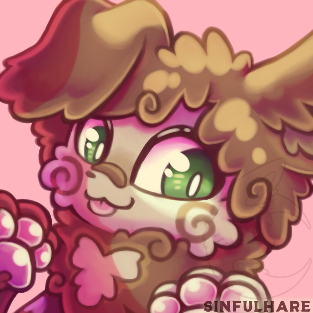 Painted icon of a brown and cream bunny with green eyes. They are smiling with a small blep, their paws raised with big pawpads.