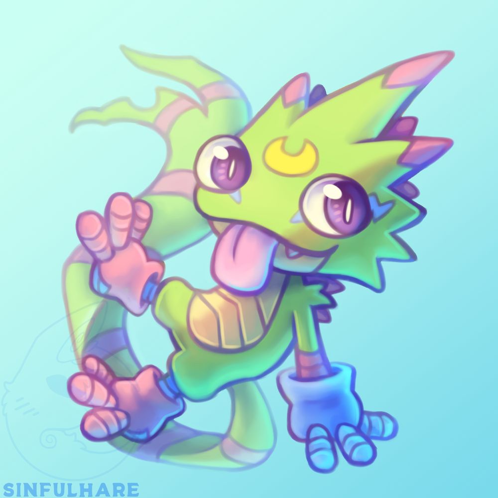 Painted drawing of Gekkomon from Digimon Beatbreak.