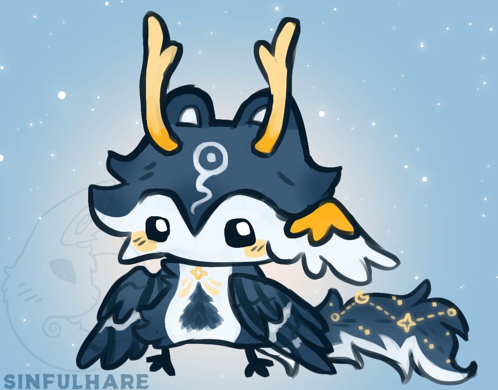 Digital drawing of a dusty blue, white, and yellow Howltar. It has yellow horns and a single wing on its cheek. There is a blue tree on its belly with a star at the top.