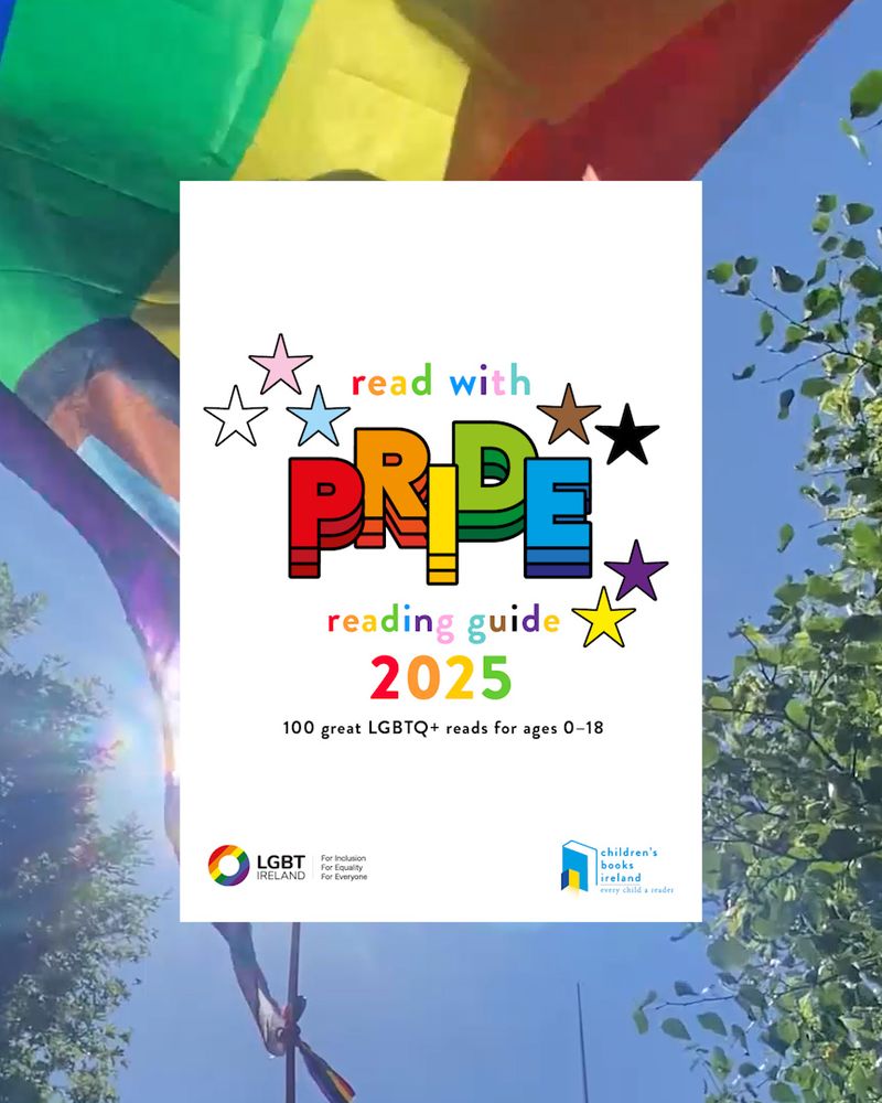 The cover of the Pride Guide is superimposed over an image of  a blue sky with a Pride flag waving behind it.