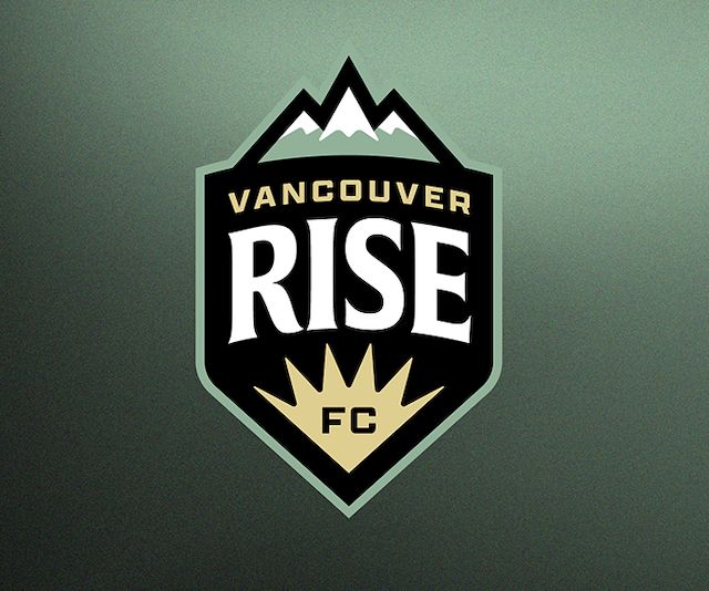 A team logo/crest with three mountain peaks on the top, the words Vancouver Rise, then the FC at the bottom of the logo in a sunshine graphic.