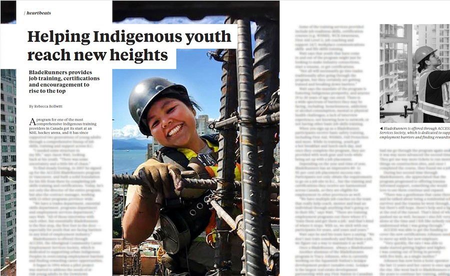 A screenshot of an article (PDF) from the digital version of a magazine. The title is "Helping Indigenous youth reach new heights" and there's a photo of a smiling person in a hard hat and high-vis vest holding on to some rebar high up on a construction project with the city and inlet in the background.