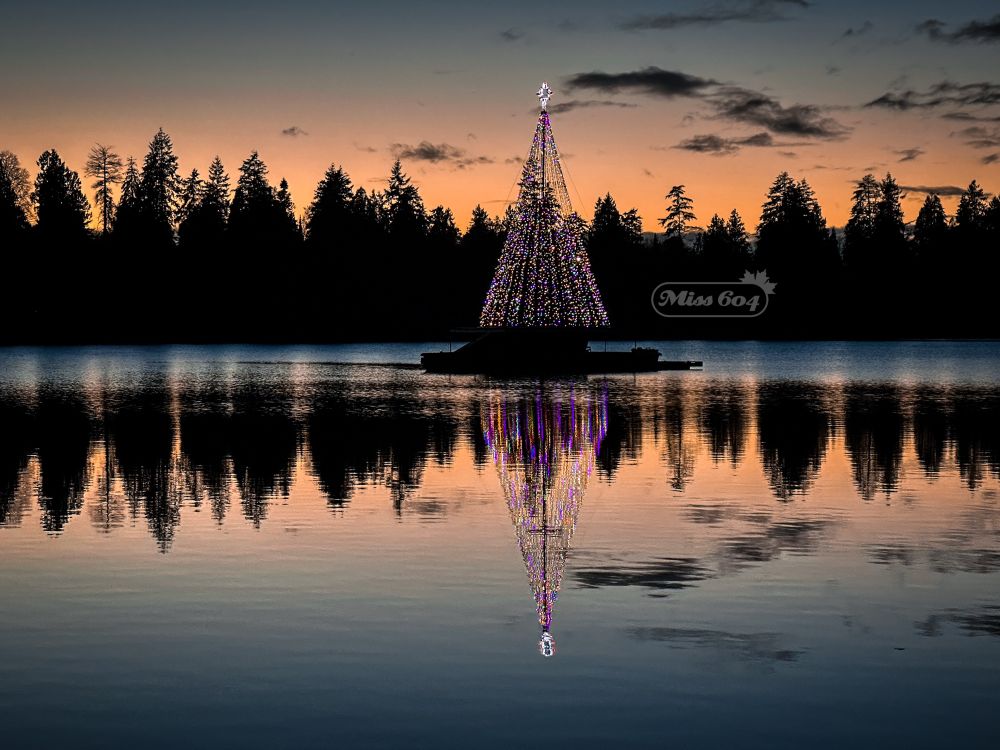 After sunset at Lost Lagoon in Stanley Park. The fountain in the middle of the water, which doesn’t have water flowing, has strings of festive lights that mimic a Christmas tree shape. The silhouette of the park’s trees, and the sunset, reflect on the water 