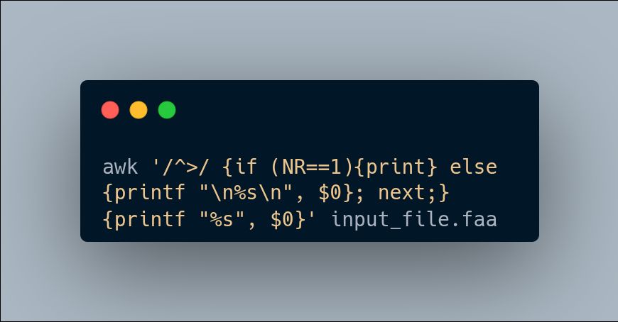 awk '/^>/ {if (NR==1){print} else {printf "\n%s\n", $0}; next;} {printf "%s", $0}' input_file.faa