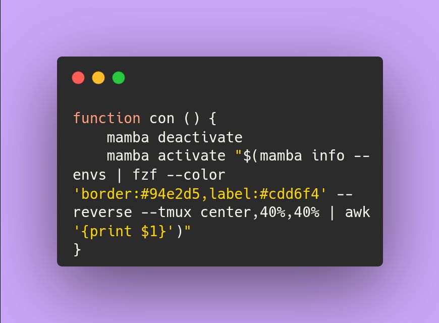 function con () {
    mamba deactivate
    mamba activate "$(mamba info --envs | fzf --color 'border:#94e2d5,label:#cdd6f4' --reverse --tmux center,40%,40% | awk '{print $1}')"
}