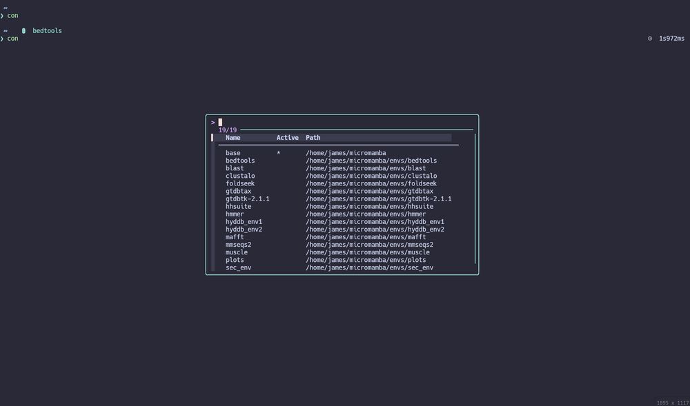 Example of the fzf pop-up window for switching virtual environments