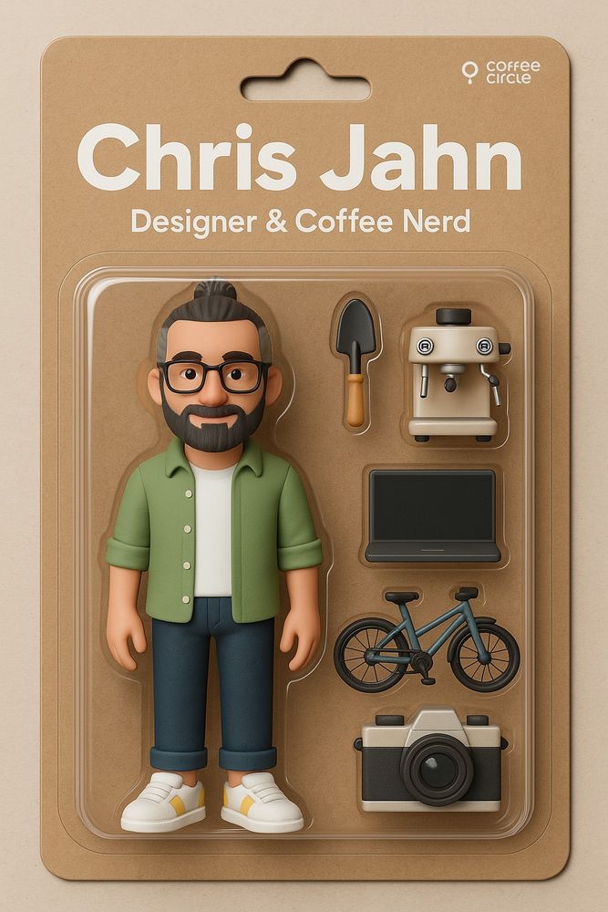 ## first prompt:
Make a picture of a 3D action figure toy, named "Chris Jahn" Make it look like it's being displayed in a transparent plastic package, blister packaging model. The figure is as in the photo, his style is very clean, looking like an adventurer and with a small man bun and black/grey hair. On the top of the packaging there is a large writing: "Chris Jahn" in white text then below it "Designer & Coffee Nerd” Dressed in white sneakers with yellow and blue accents, white undershirt and pistachio colored rolled up traveller shirt with collar. Also add some supporting items for the job next to the figure, like gardening shovel, espresso machine in the style of a rocket dual boiler, a laptop, blue/petrol colored e-bike, retro camera in the style of a fujifilm. The packaging design is minimalist, cardboard colour, cute toy style sold in stores. The style is cartoonish, cute but still neat, also put mattel logo in the top right corner


## correction prompt:
change the keyboard into a laptop
change the espresso maschine into a bigger one, with dual spouts
change the bike into one that is more blue and a model for men (diamond frame)
change the trousers to jeans
the person should look friendlier, smirking without showing teeth
the hair should be grey on the sides

everything else can stay the same