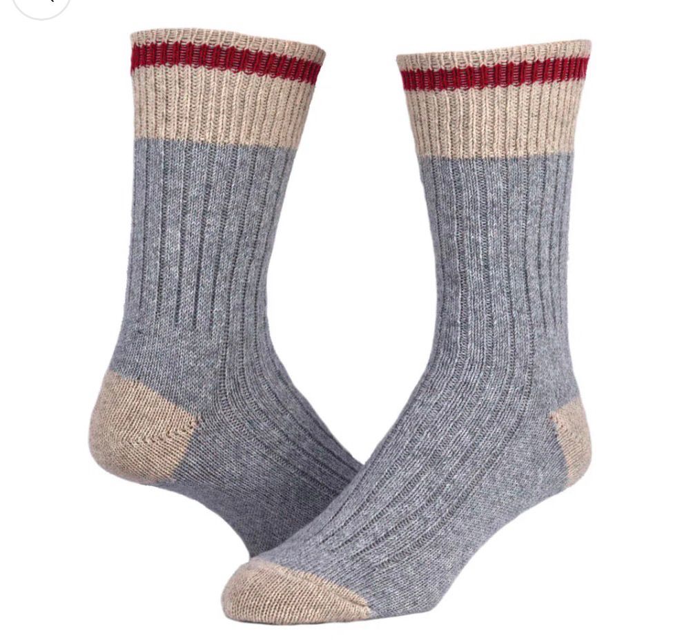 Grey socks with a white and a red stripe 