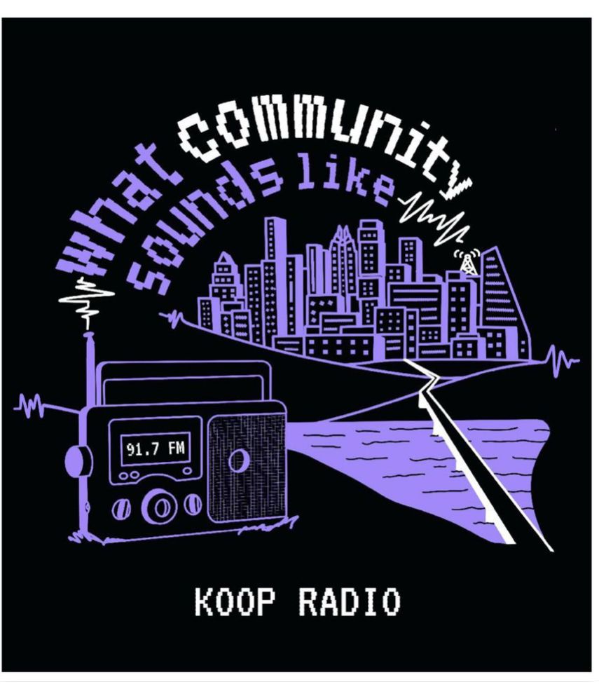 Design for KOOP 91.7FM tee shirt with radio, town lake, and Austin skyline