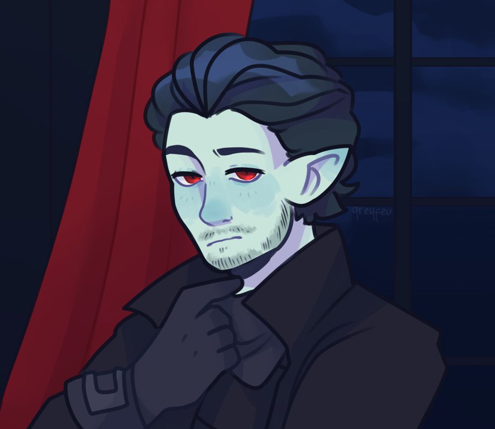 A drow man with pale blue skin and medium length, swept back black hair, red eyes and faint facial hair. He wears all black- a trenchcoat, gloves, a sweater and a bandana, the latter of which he's just pulled down around his neck. He stares at the viewers as, behind him, a window with a single red curtain reveals a cloudy night sky.