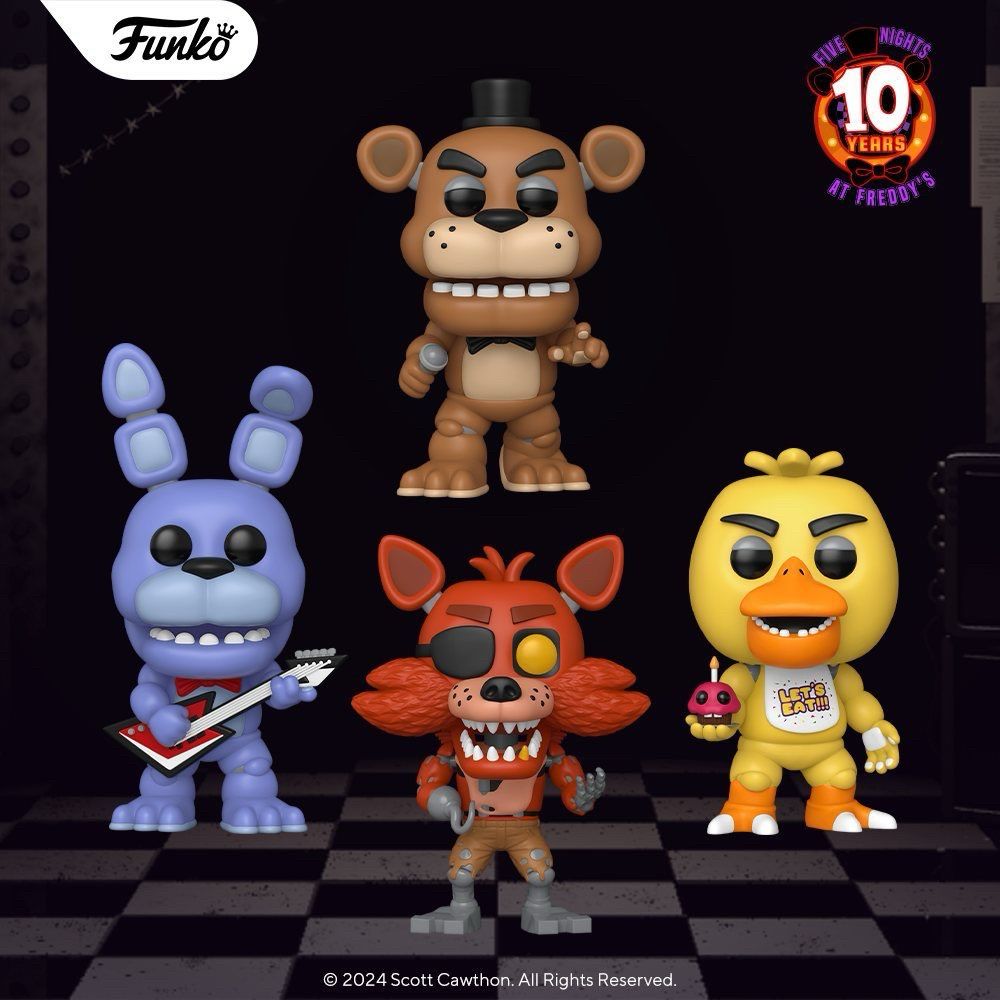 An image of Funko's new FNAF 1 animatronic Pops: Freddy, Bonnie, Foxy and Chica. In the top left of the image, the Funko logo. In the top right, the "Five Night's at Freddy's 10 Years" logo. At the bottom, the copyright symbol and "2024 Scott Cawthon. All Rights Reserved."