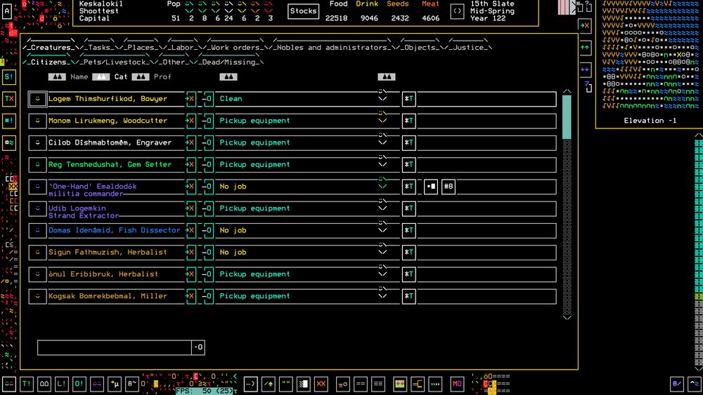 A screenshot of Dwarf Fortress. We're looking at the unit list, which shows ten dwarves, most of whom either picking up equipment or with no job. The dwarves have a variety of normal dwarven occupations like engraver and gem setter. There are no doctors visible at all.