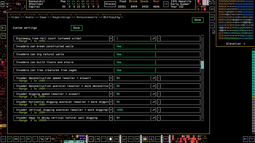 A screenshot of Dwarf Fortress.  We are looking at a settings screen, which has items like "Invaders can break constructed walls" and "Invaders can dig natural walls".  All of these are set to "Yes".