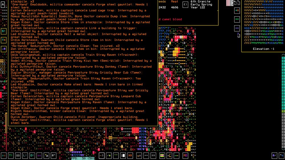 A screenshot of Dwarf Fortress. We are looking at a list of cancelled jobs, most of which are caused by agitated wildlife.