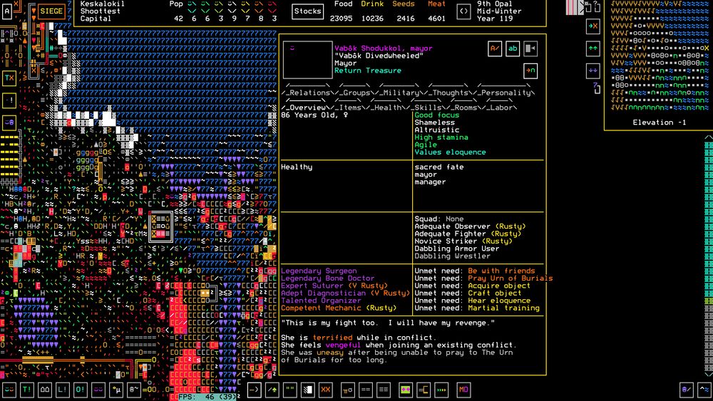 A screenshot of Dwarf Fortress.  We are examining the mayor, Vabôk Shodukkol. She is doing a "Return Treasure" task, but isn't carrying anything and her most recent thought says "She is terrified while in conflict."